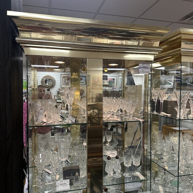 Mid Century Modern/Art Deco Ello Brass Display Case, Brass. Huge! Glass doors, glass shelves. We have two of these while supplies last.
Size: 82x38x21