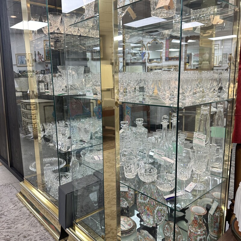 Mid Century Modern/Art Deco Ello Brass Display Case, Brass. Huge! Glass doors, glass shelves. We have two of these while supplies last.<br />
Size: 82x38x21