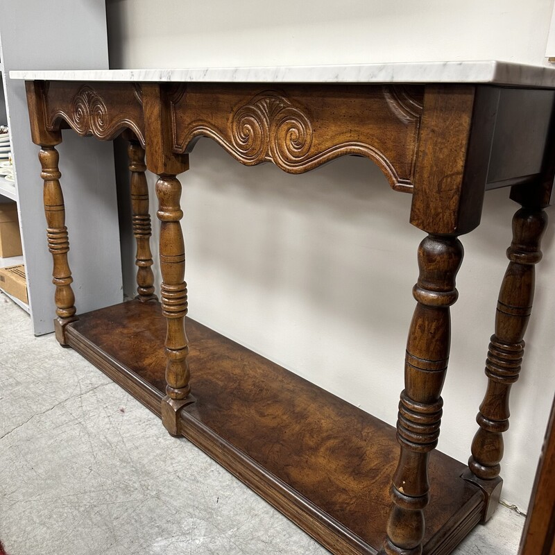 White Marble Top Console Table, Brown Wood Base<br />
Size: 48L x 14D x 29H