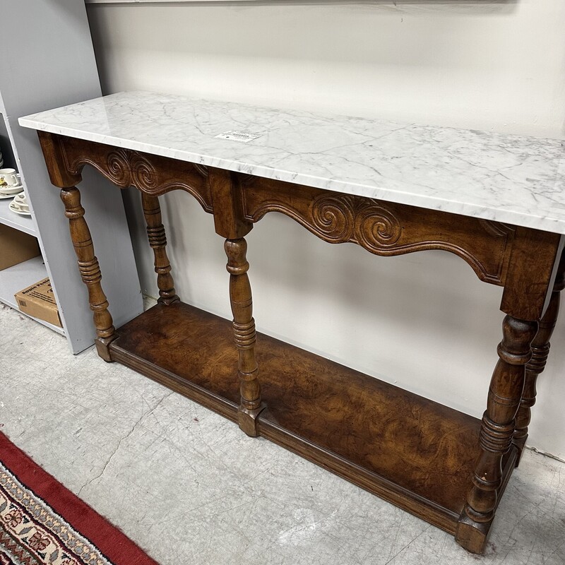 White Marble Top Console Table, Brown Wood Base
Size: 48L x 14D x 29H