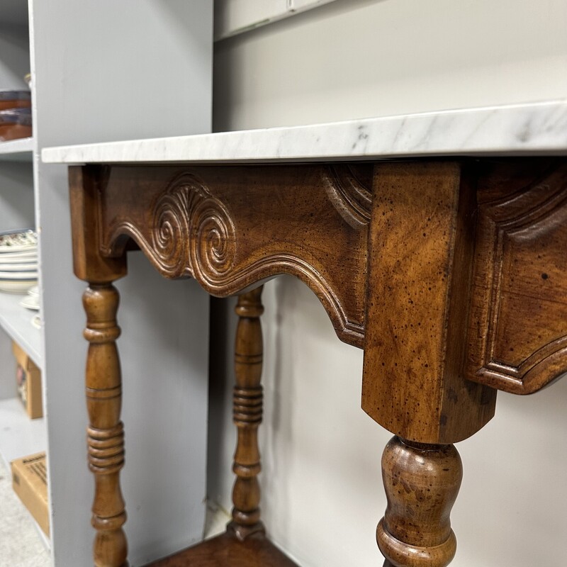 White Marble Top Console Table, Brown Wood Base<br />
Size: 48L x 14D x 29H