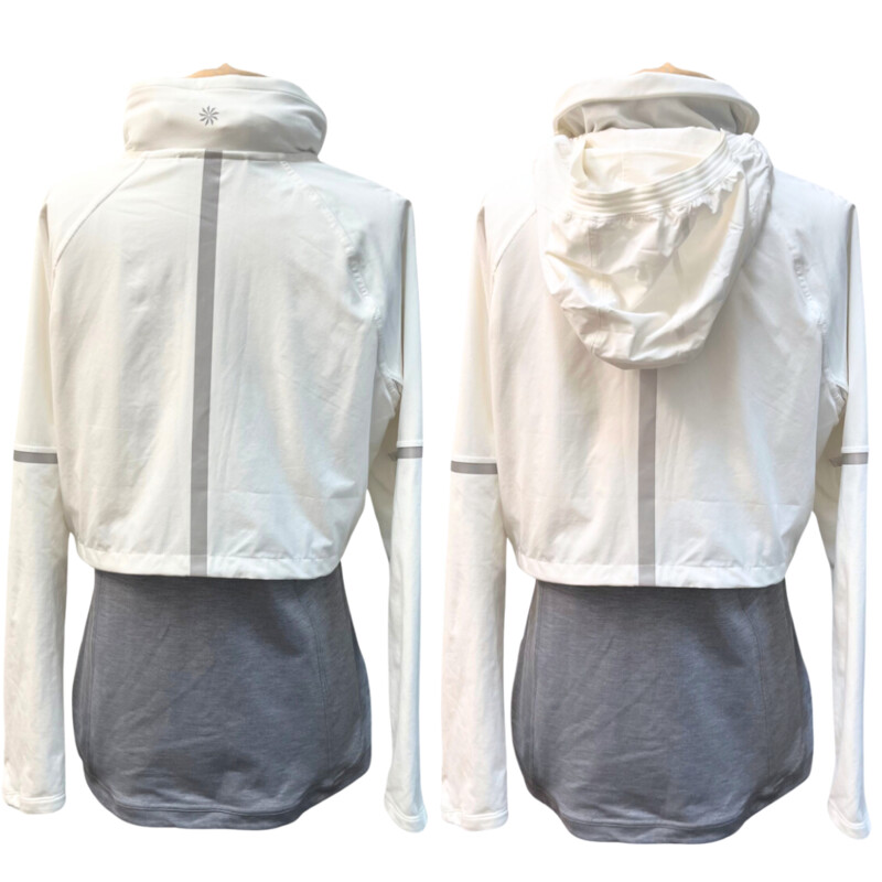 Athleta Quick Step Runners Reflective Jacket<br />
Zip up, reflective stripe, adjustable hood that can be hidden, inner and outer pockets, adjustable crop layer, sleeve over hand with thumb hole, air mesh on sleeves.<br />
Colors: White & Gray<br />
Size: Large