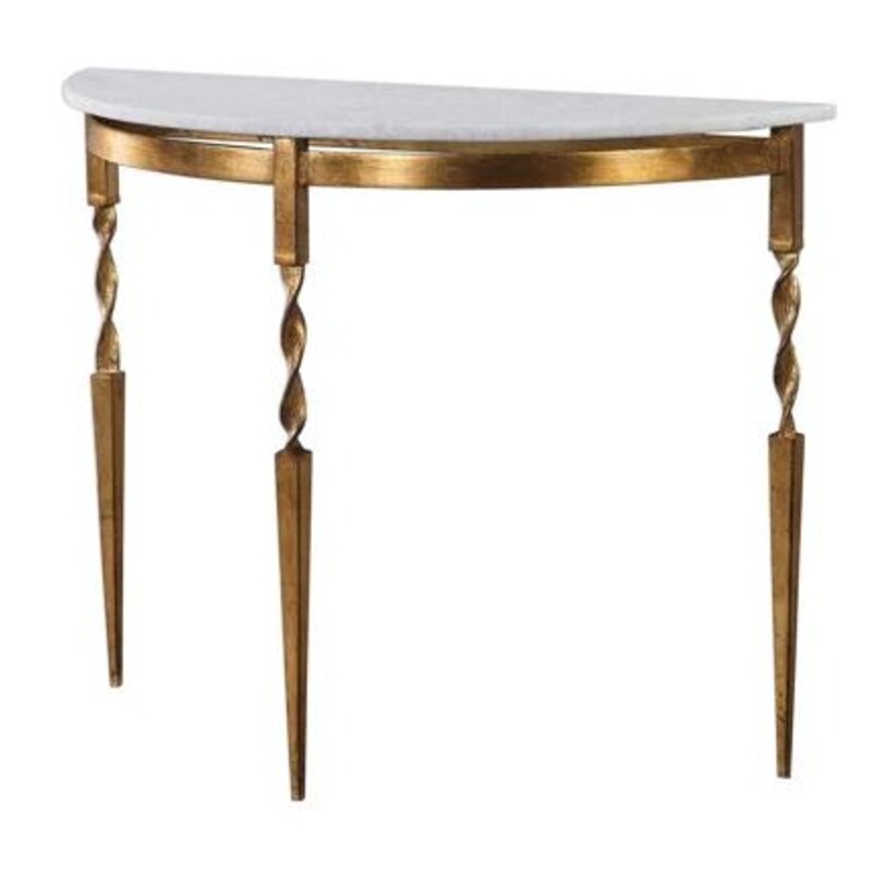 Uttermost Imelda Console Table
White Gold Size: 40 x 16 x 31H
Retails: $979.00
Elegant in design, this demilune console table features a polished marble top
The solid cast iron base is accented with twist details and tapered legs in a heavily antiqued finish
Requires easy assembly upon arrival