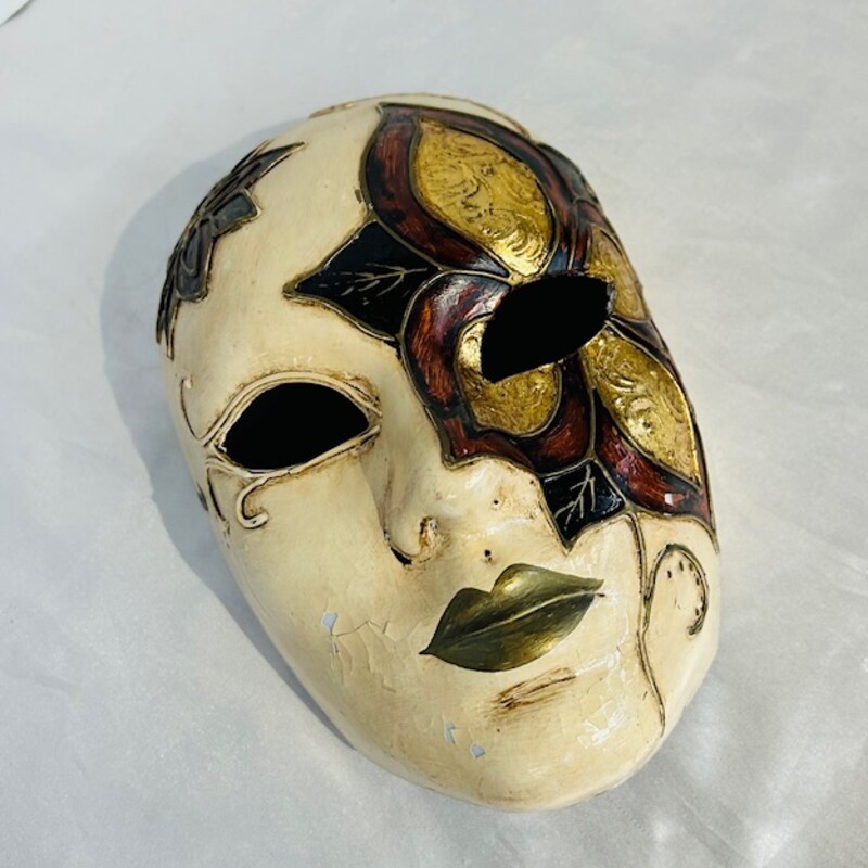 Artisan Venetian Mask Signed
Cream Gold Red Black Green
Size: 6 x 4 x 8.5H