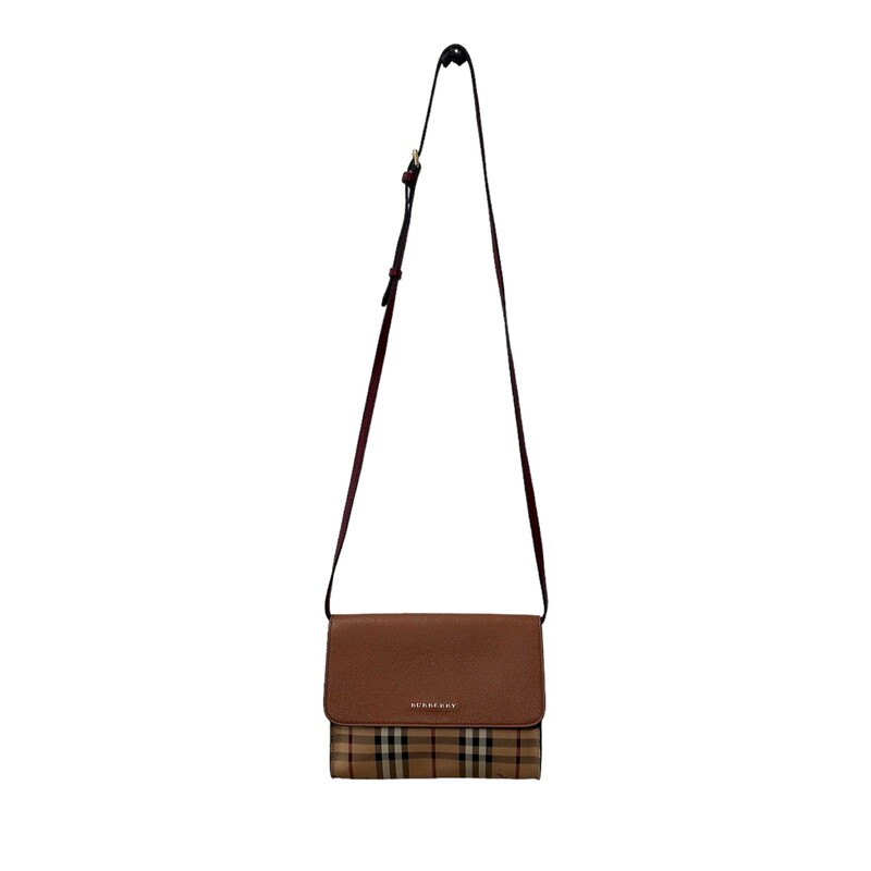 Burberry Loxley Crossbody<br />
PVC Haymarket Check with leather flap and strap<br />
Dimensions:<br />
Length: 8.5in<br />
Height: 6.5in<br />
Width: 2in