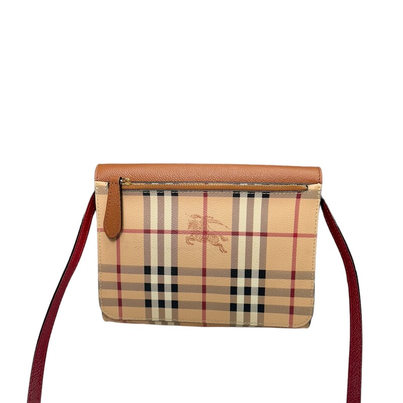 Burberry Loxley Crossbody<br />
PVC Haymarket Check with leather flap and strap<br />
Dimensions:<br />
Length: 8.5in<br />
Height: 6.5in<br />
Width: 2in