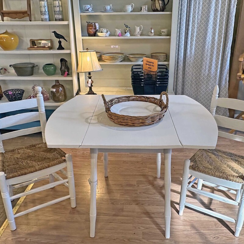 White  Drop Leaf Table & 2 Chairs
With Rush Seats

36 In W x 22 D (closed) x 44 D (open) x 30 H