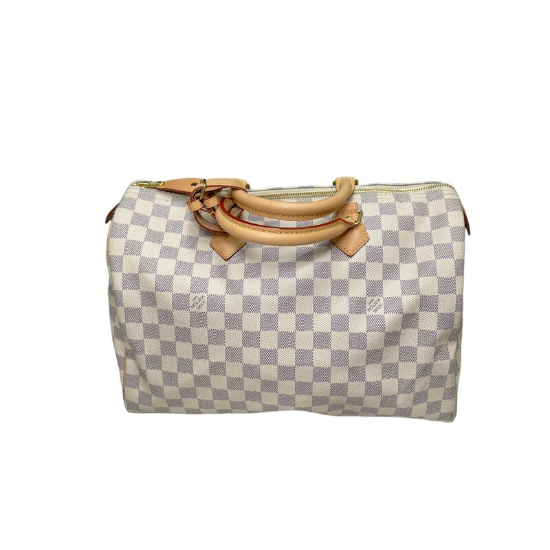 Louis Vuitton Speedy Azur<br />
<br />
Size: 35<br />
<br />
Date Code: Chipped Entrupy provided<br />
<br />
Dimensions:<br />
13.8 x 9.1 x 7.1 inches<br />
(Length x Height x Width)<br />
<br />
Note: Ligth wear to the corners.<br />
Lock included but no key.