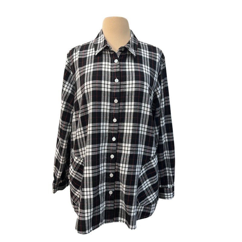 Joan Rivers Plaid Tunic<br />
With Pockets!<br />
Cute Back Button Detail<br />
100% Cotton<br />
Black, White, and Red<br />
Size: Large