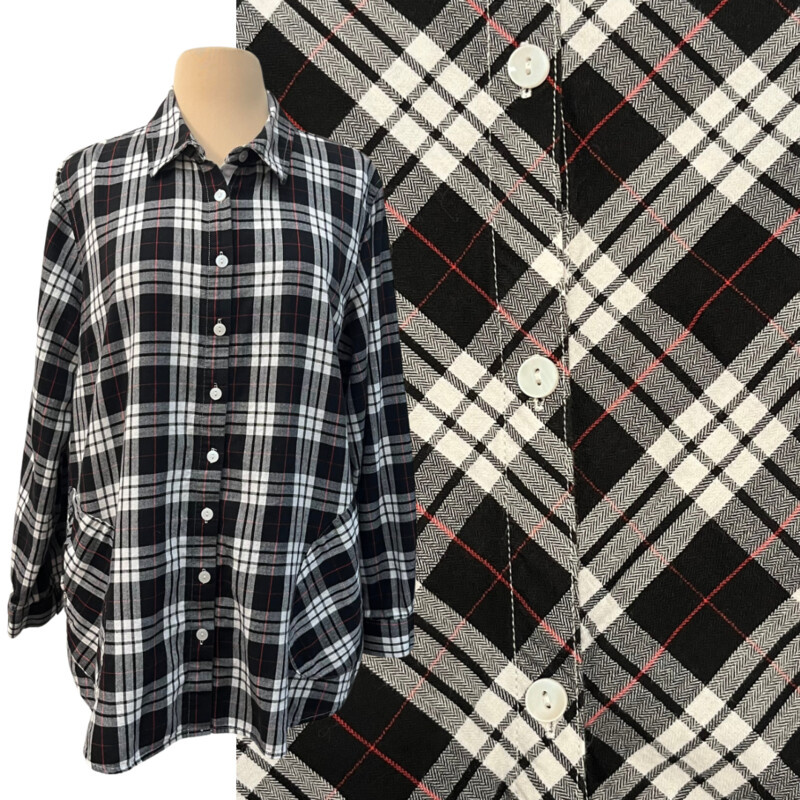 Joan Rivers Plaid Tunic
With Pockets!
Cute Back Button Detail
100% Cotton
Black, White, and Red
Size: Large