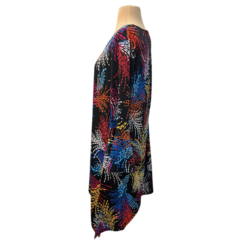 Slinky Brand Tunic<br />
Bell Sleeves<br />
Abstarct Burst Pattern<br />
Black with a Rainbow of Colors<br />
Size: Large