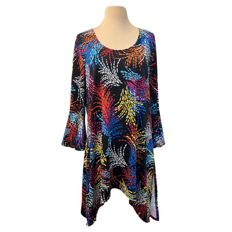 Slinky Brand Tunic<br />
Bell Sleeves<br />
Abstarct Burst Pattern<br />
Black with a Rainbow of Colors<br />
Size: Large