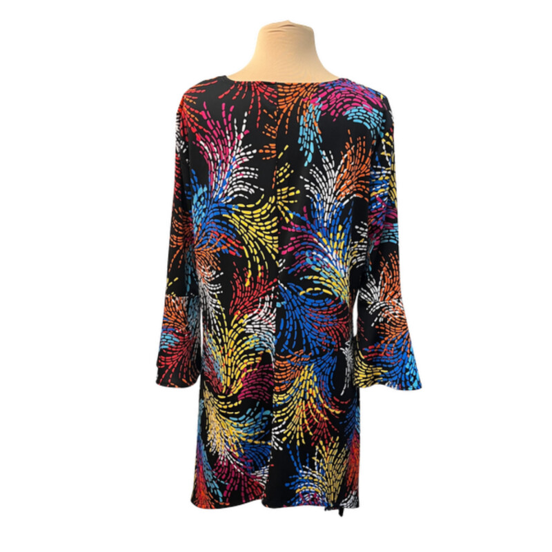 Slinky Brand Tunic<br />
Bell Sleeves<br />
Abstarct Burst Pattern<br />
Black with a Rainbow of Colors<br />
Size: Large