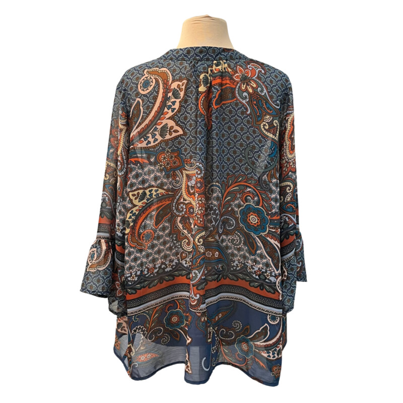 Cupio Curvy Boho Sheer Top
Embroidered Floral Detail
Paisley and Floral Pattern
Brown, Orange, Teal, Green, Pink, and Soft Yellow
Size: 2X