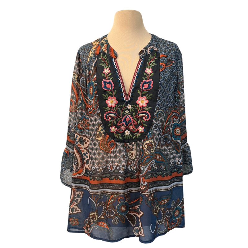 Cupio Curvy Boho Sheer Top<br />
Embroidered Floral Detail<br />
Paisley and Floral Pattern<br />
Brown, Orange, Teal, Green, Pink, and Soft Yellow<br />
Size: 2X