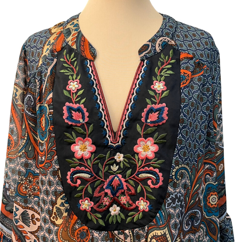 Cupio Curvy Boho Sheer Top<br />
Embroidered Floral Detail<br />
Paisley and Floral Pattern<br />
Brown, Orange, Teal, Green, Pink, and Soft Yellow<br />
Size: 2X