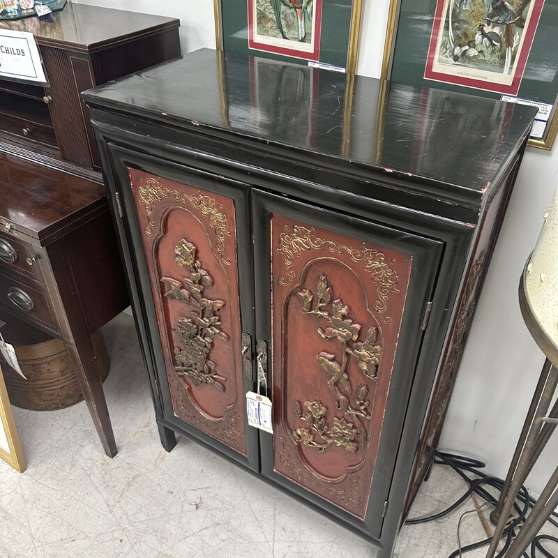 Asian Wood/Lacquer Cabinet, Black and Red
Size: 27x13x40