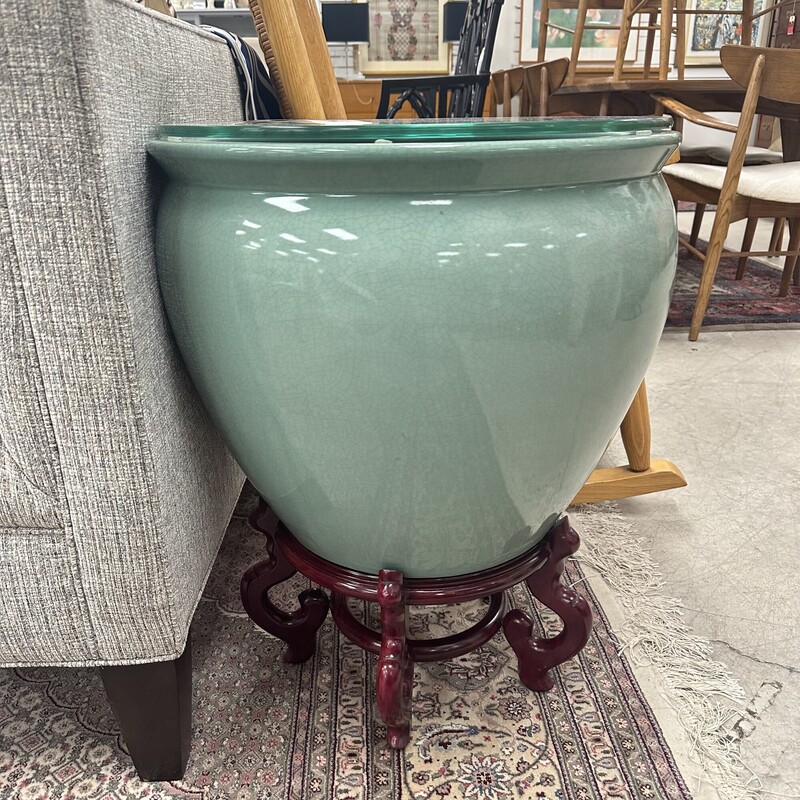 Asian Fishbowl Urn with Glass Lid/Surface, Seafoam Green. Super heavy!<br />
Size: 26x21