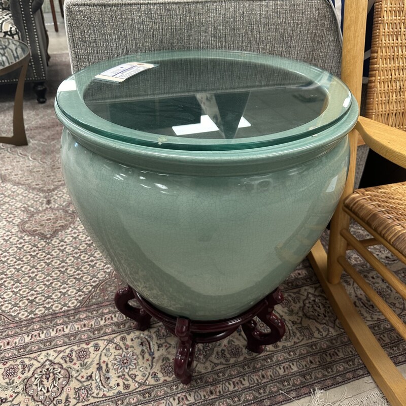 Asian Fishbowl Urn with Glass Lid/Surface, Seafoam Green. Super heavy!
Size: 26x21