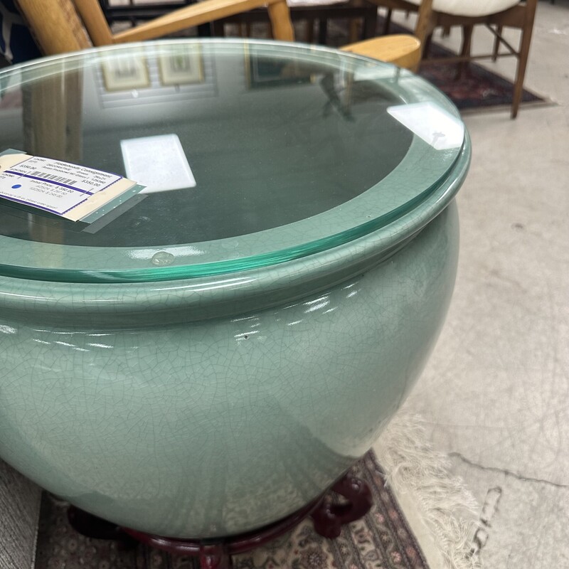 Asian Fishbowl Urn with Glass Lid/Surface, Seafoam Green. Super heavy!<br />
Size: 26x21