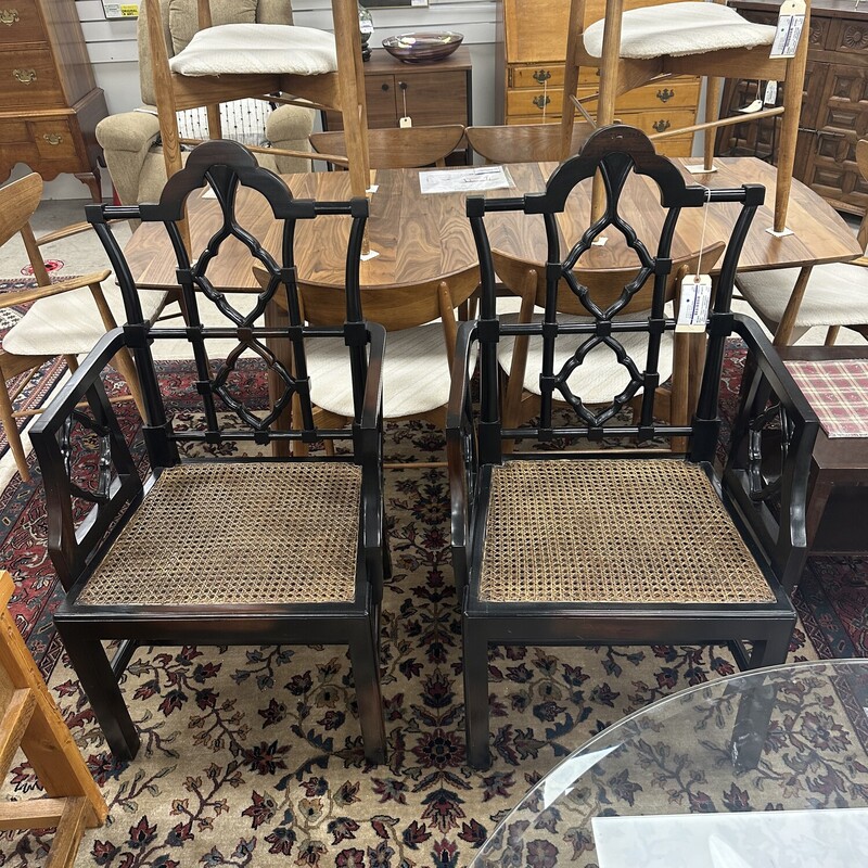 Two Wood Caned Arm Chairs, Black Painted. Sold together as a PAIR.