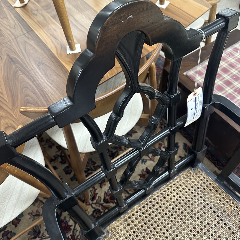 Two Wood Caned Arm Chairs, Black Painted. Sold together as a PAIR.