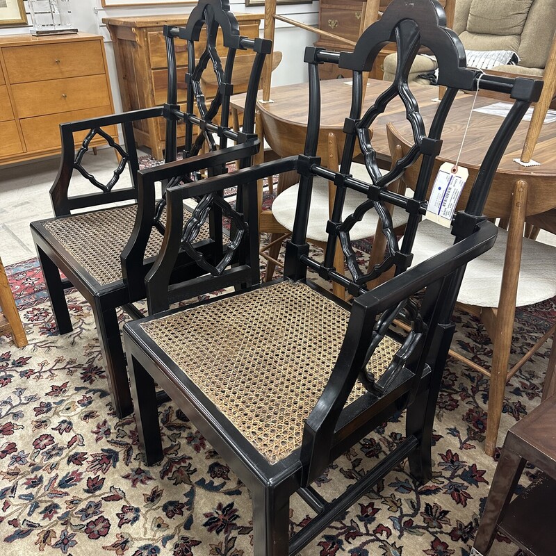 Two Wood Caned Arm Chairs, Black Painted. Sold together as a PAIR.