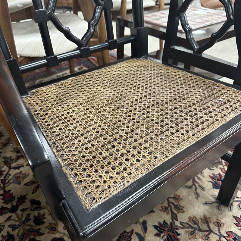 Two Wood Caned Arm Chairs, Black Painted. Sold together as a PAIR.