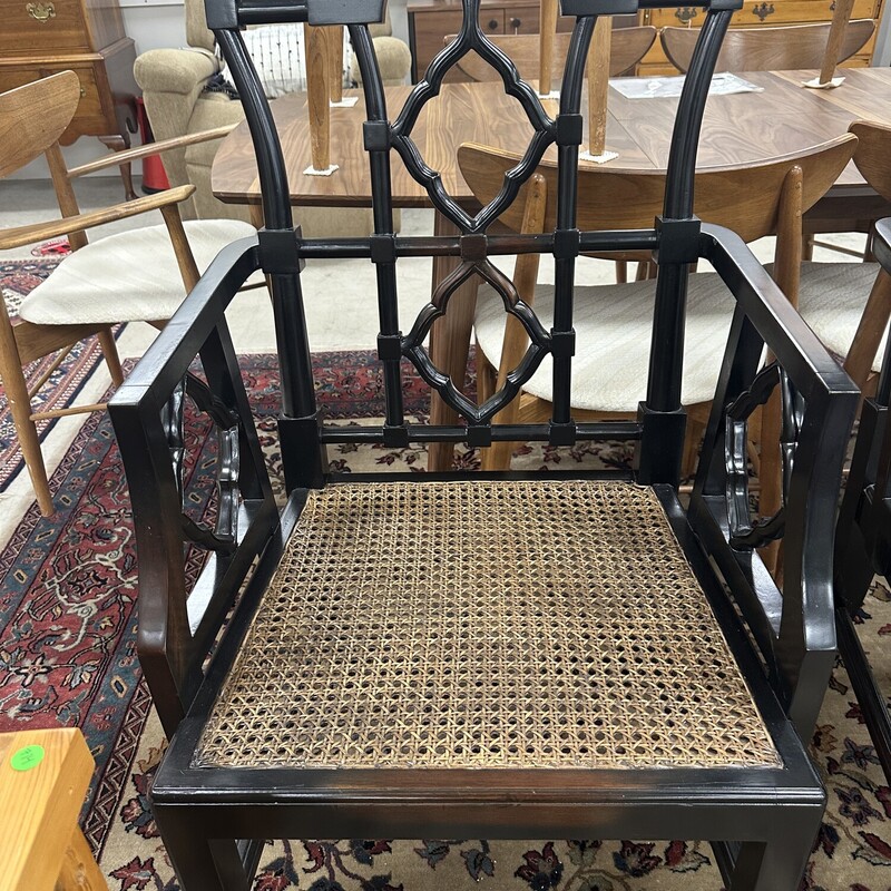 Two Wood Caned Arm Chairs, Black Painted. Sold together as a PAIR.