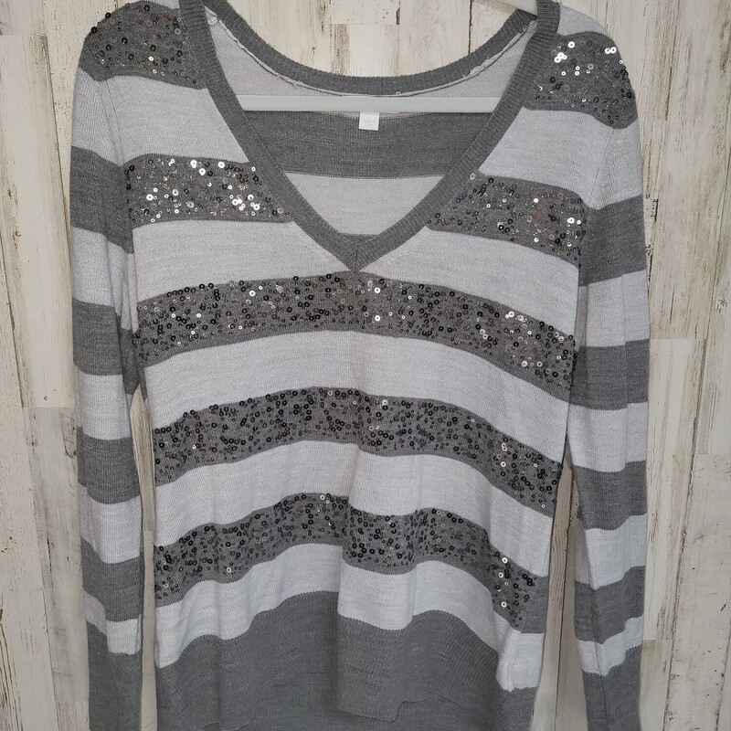 L Grey Sequin Stripe Swea