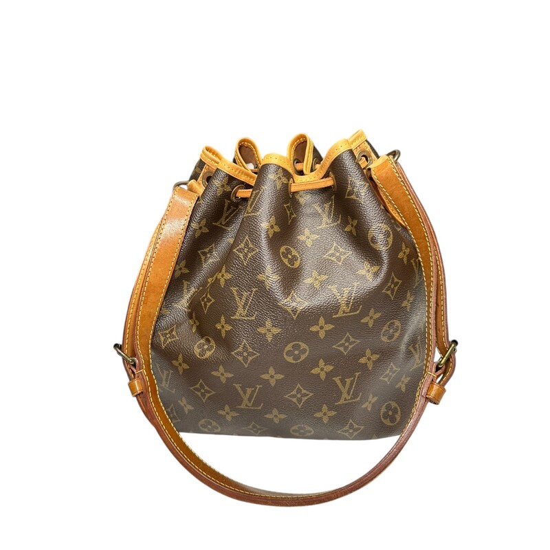 Louis Vuitton Petit Noe PM Monogram<br />
<br />
Date Code: A2 872<br />
<br />
Dimensions:<br />
Base length: 9.5 in<br />
Height: 10.5 in<br />
Width: 7 in<br />
Drop: 8.5 in<br />
<br />
Note: Stains and wera to bottom leather. Leather throughout the bag.