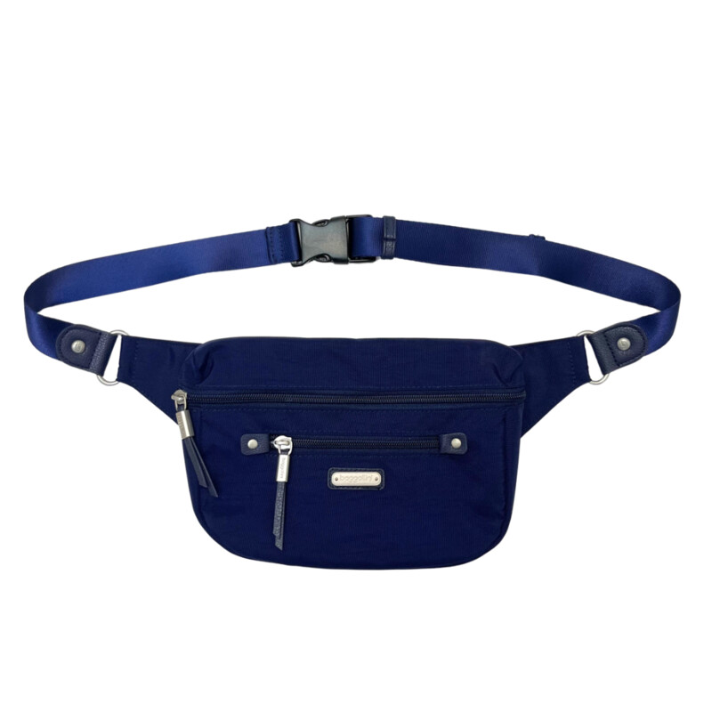 Baggallini Belt Bag<br />
RFID Protected<br />
Inside Card Slots<br />
Front Zip Pocket<br />
Color:  Royal