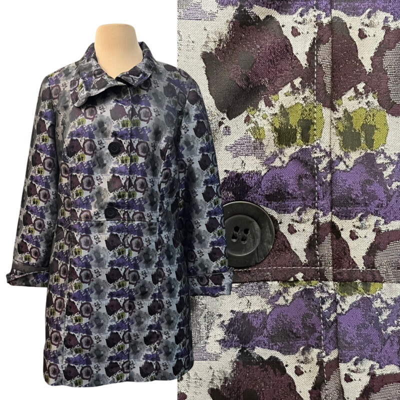 Abbie Mags Abstract Pattern Jacket
Cuff Detail on Sleeves
Gorgeous Sheen On The Jacket
Purple, Gray, Green and Wine
Size: Medium