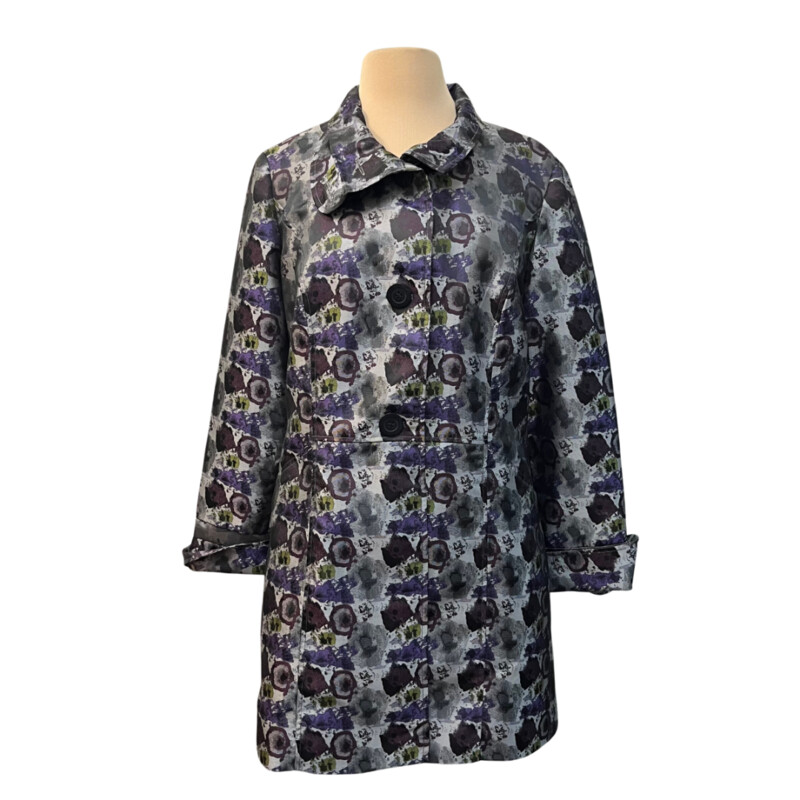 Abbie Mags Abstract Pattern Jacket<br />
Cuff Detail on Sleeves<br />
Gorgeous Sheen On The Jacket<br />
Purple, Gray, Green and Wine<br />
Size: Medium