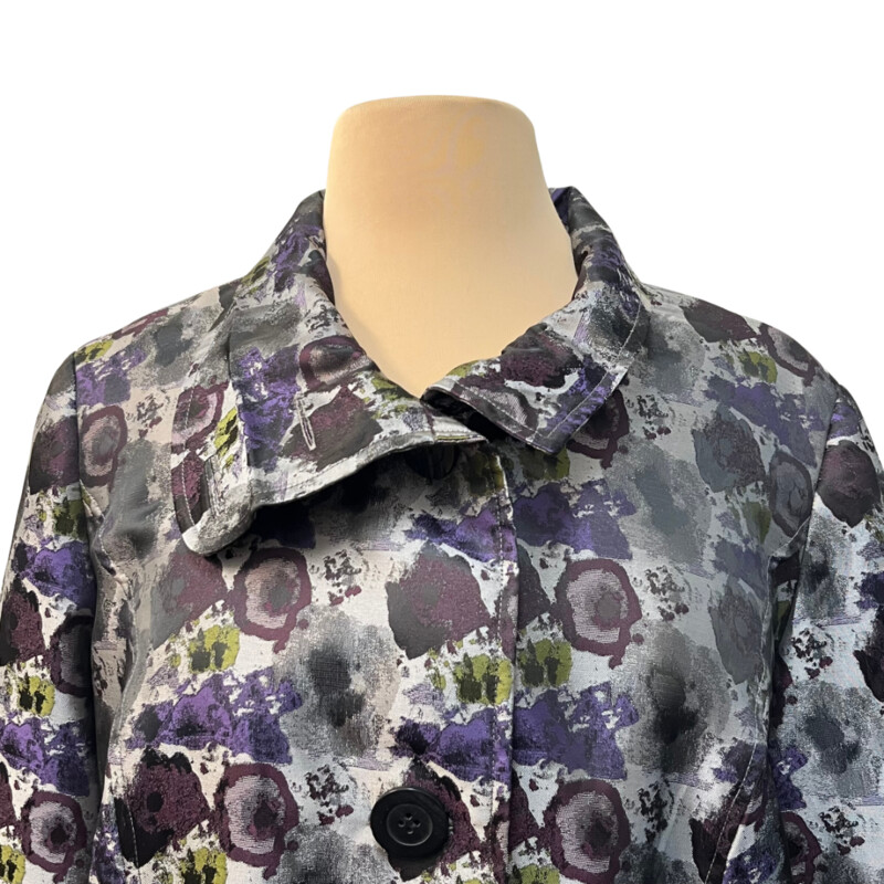 Abbie Mags Abstract Pattern Jacket<br />
Cuff Detail on Sleeves<br />
Gorgeous Sheen On The Jacket<br />
Purple, Gray, Green and Wine<br />
Size: Medium