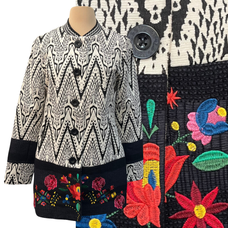 Desigual Woven Jacket
Absolutely Stunning!
Embroidered Floral Detail
Arm Banding Detail
Embroidered Flower On Back
Lined with Floral Lining
No Detail Missed on This One!
Black and White with a rainbow of Colors
Size: 10