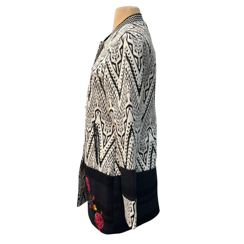 Desigual Woven Jacket<br />
Absolutely Stunning!<br />
Embroidered Floral Detail<br />
Arm Banding Detail<br />
Embroidered Flower On Back<br />
Lined with Floral Lining<br />
No Detail Missed on This One!<br />
Black and White with a rainbow of Colors<br />
Size: 10