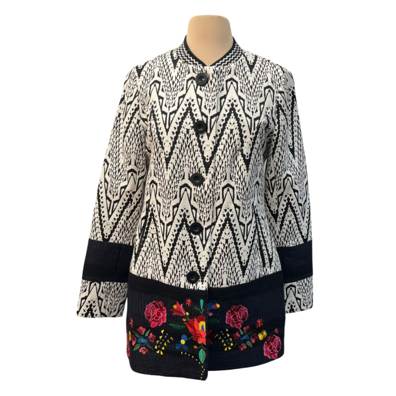 Desigual Woven Jacket<br />
Absolutely Stunning!<br />
Embroidered Floral Detail<br />
Arm Banding Detail<br />
Embroidered Flower On Back<br />
Lined with Floral Lining<br />
No Detail Missed on This One!<br />
Black and White with a rainbow of Colors<br />
Size: 10