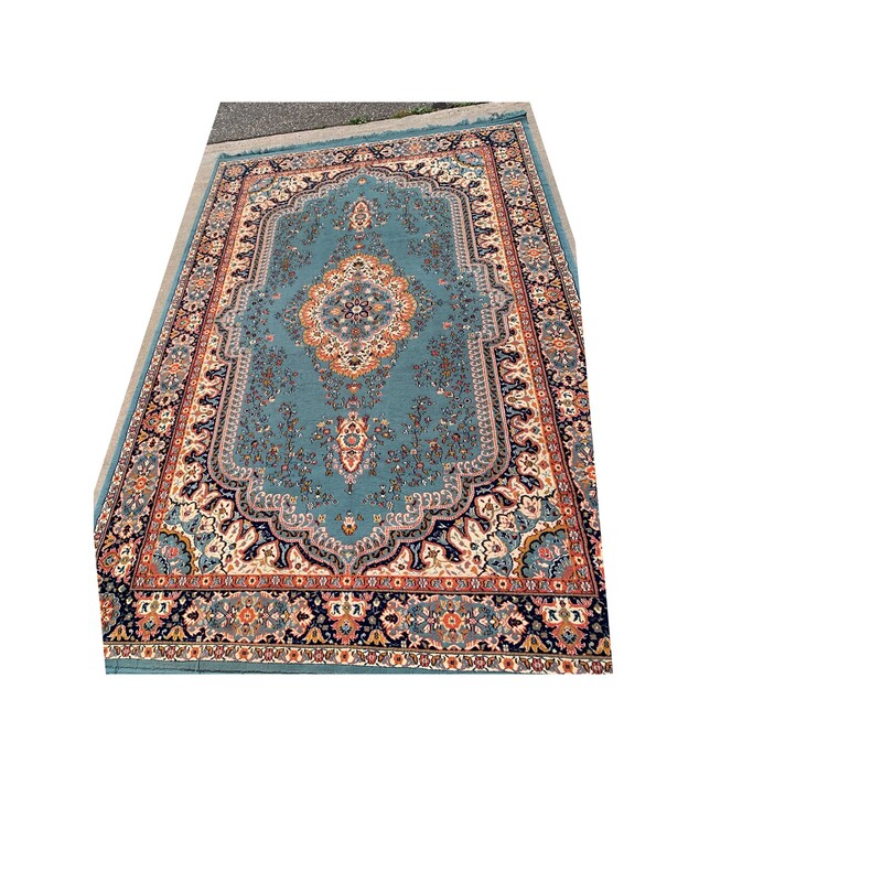 Wool Woven Persian Rug, Tan/Blue, Size: 6ft 5in x 10ft