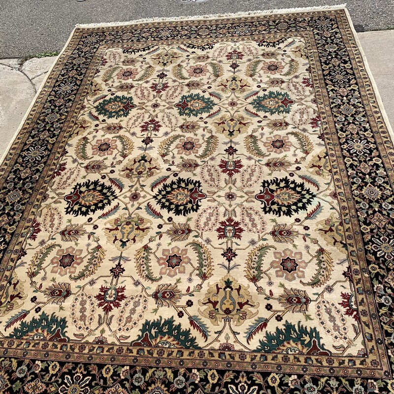 Handmade Wool/silk Persia, WhiteTan, 9ft x 12ft 5in