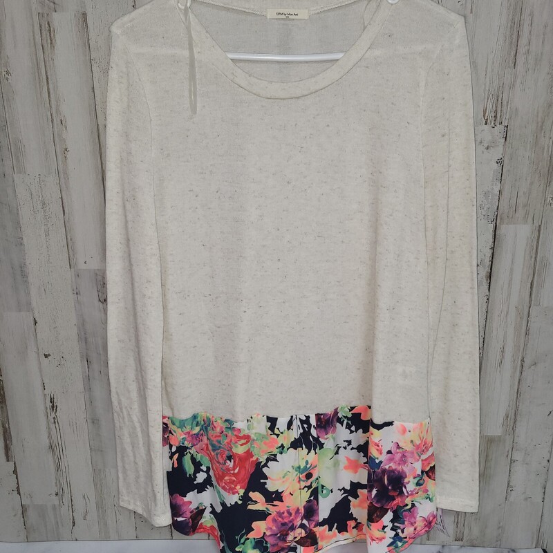 L Beige Floral Trim Top