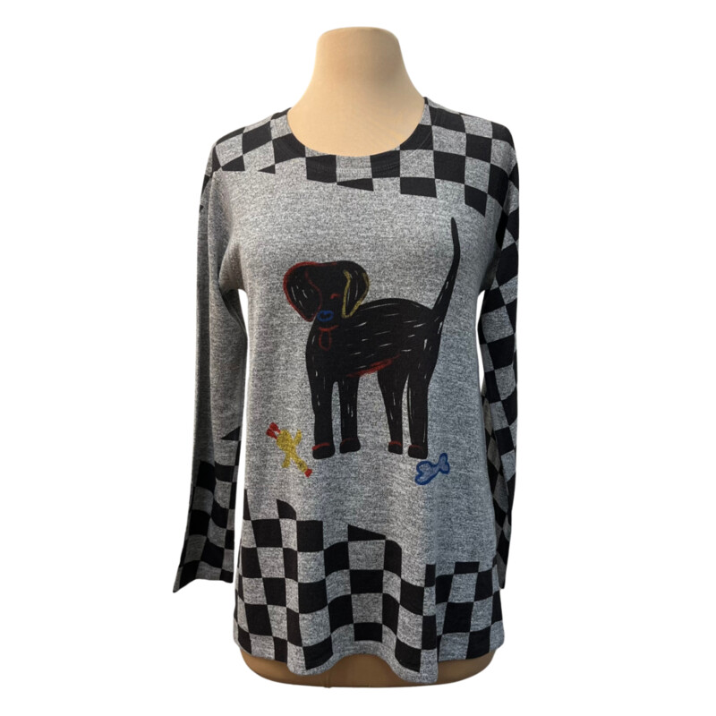 Inoah Dog Knit Top<br />
Checkered detail with cute puppy and his toys!<br />
Gray, Black, Yelow, Orange and blue<br />
Size: XSmall