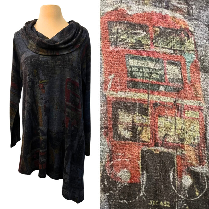 Inoah Cowl Neck Asymmetrical Tunic
London scene print
Dark gray, black, olive, red, purple, amber and rust
Size: Medium