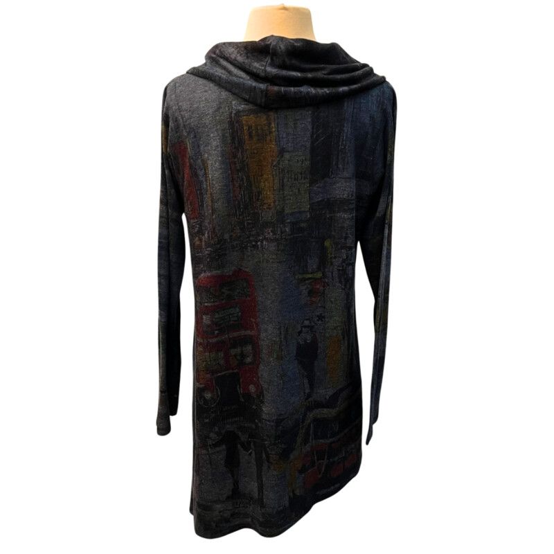 Inoah Cowl Neck Asymmetrical Tunic
London scene print
Dark gray, black, olive, red, purple, amber and rust
Size: Medium