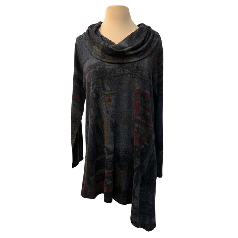 Inoah Cowl Neck Asymmetrical Tunic
London scene print
Dark gray, black, olive, red, purple, amber and rust
Size: Medium