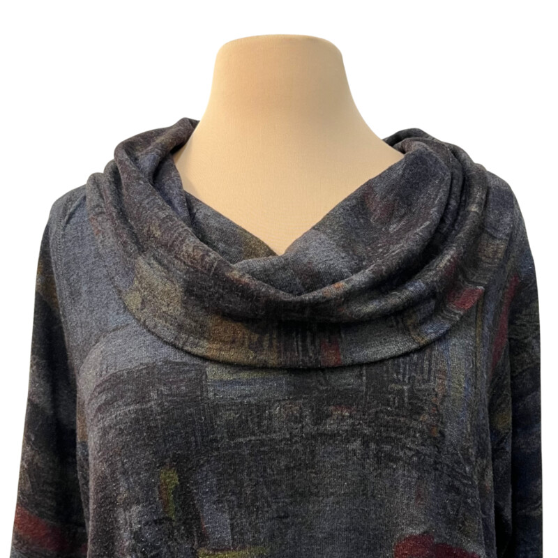 Inoah Cowl Neck Asymmetrical Tunic
London scene print
Dark gray, black, olive, red, purple, amber and rust
Size: Medium