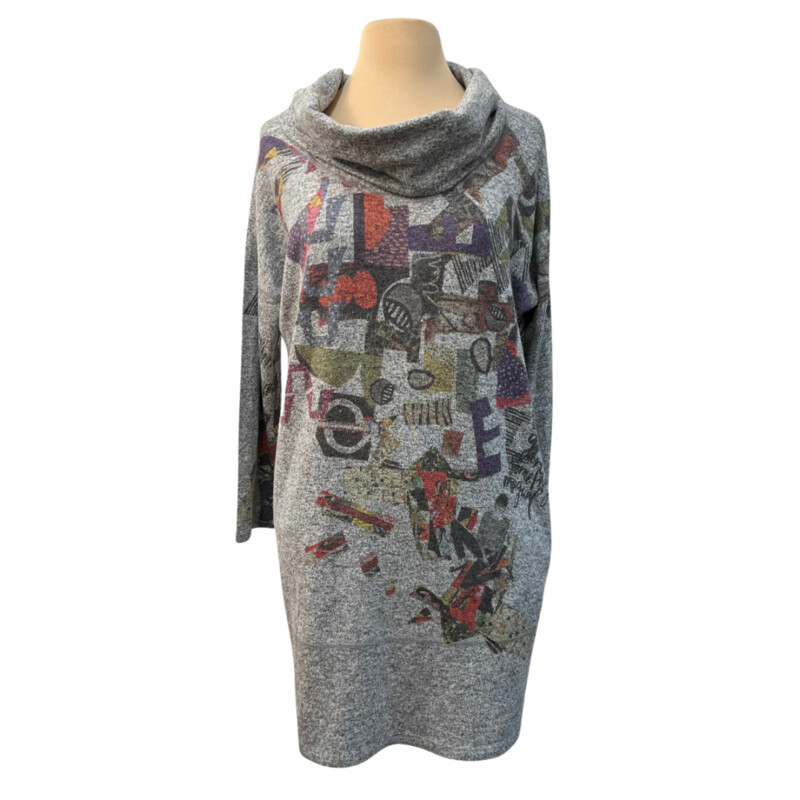 Inoah Cowl Neck Dress<br />
has side pockets!<br />
buttery soft<br />
Colors: heather gray with multiple colors<br />
Size: Medium