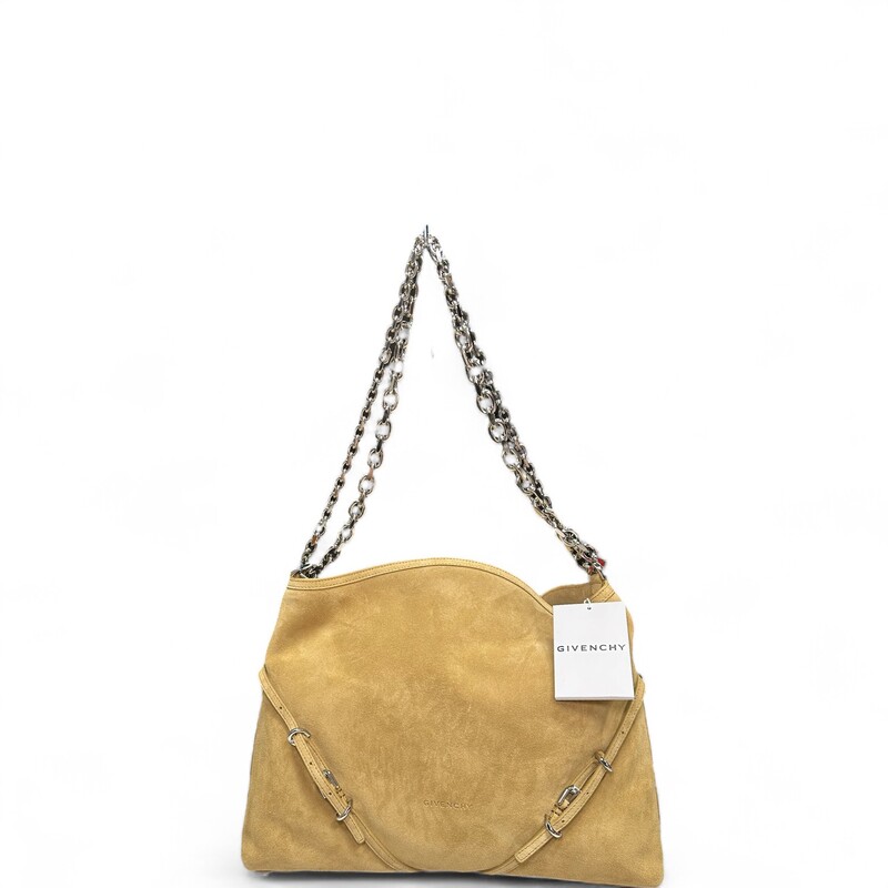 Givenchy Suede Voyou  Sand suede (Calf)
Two chain top handles
Internal zip pocket
Canvas lining
Open top
Designer color: Hazel
Handle Drop: 8.7in
Height:  12.6in
Width: 15in
Depth: 2.4in
Code:EFE1213