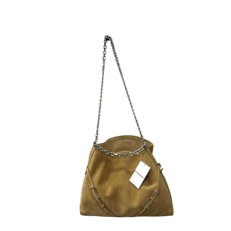 Givenchy Suede Voyou  Sand suede (Calf)
Two chain top handles
Internal zip pocket
Canvas lining
Open top
Designer color: Hazel
Handle Drop: 8.7in
Height:  12.6in
Width: 15in
Depth: 2.4in
Code:EFE1213