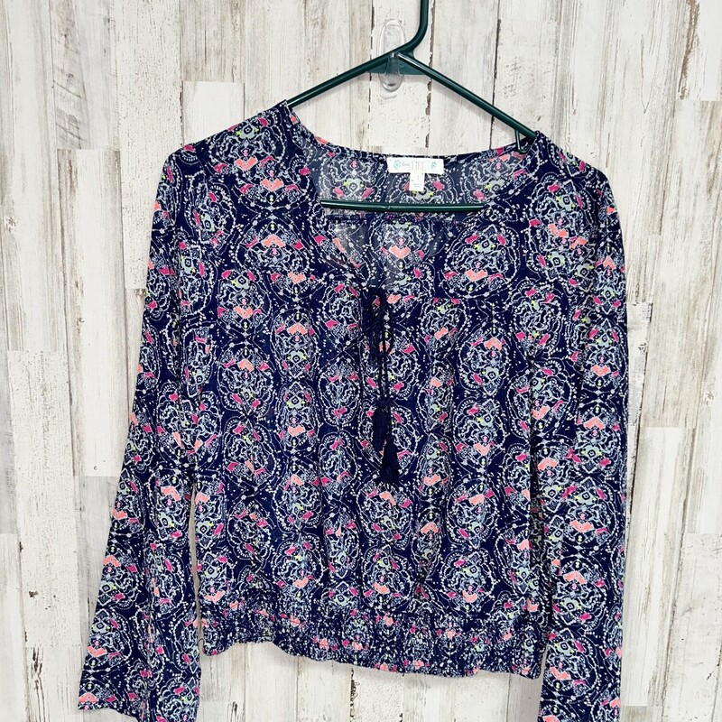 L Navy Printed Sheer Top